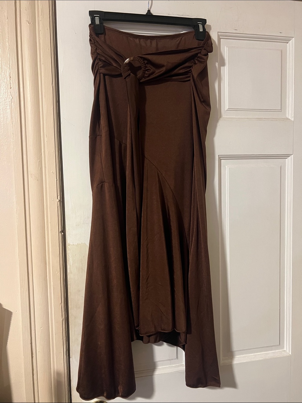 Brown High-Low Maxi Skirt with Front Knot Belt Detail